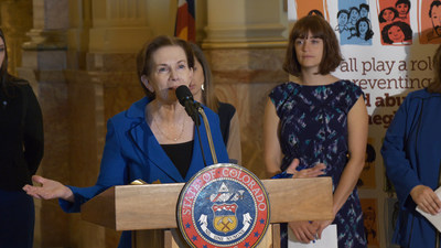 Colorado Lt. Gov. Donna Lynne addresses crowd during rally to mark the start of National Child Abuse Prevention Month at the State Capitol