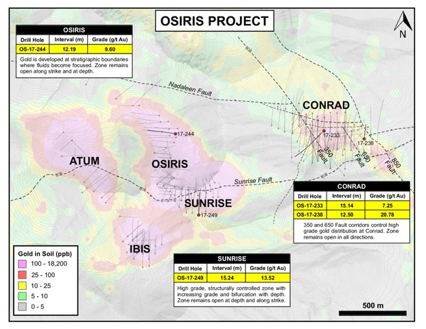 Osiris Plan Map with Gold in Soil (CNW Group/ATAC Resources Ltd.)