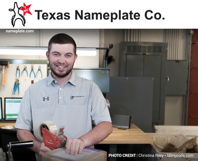 Ryan Crownover at Texas Nameplate Company packaging boxed products for delivery.