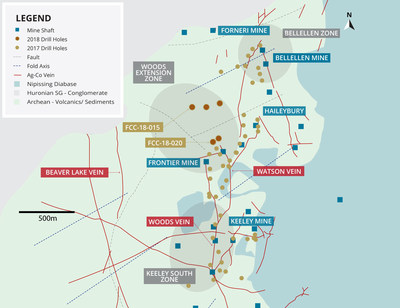 Figure 1. Bedrock geology and location of drilling stations. Silver-cobalt veins are compiled from historic maps and locations should not be considered exact. (CNW Group/First Cobalt Corp.)