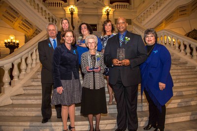 PA Family Support Alliance, PSECU and Outdoor Advertising Association of PA present 2018 PA Blue Ribbon Champions for Safe Kids Awards. Left to right, front row: Karen Roland, VP, PSECU; Joyce Seitz, York, Pa.; Darryl Gibbs, Ephrata, Pa.; Angela M. Liddle, Pres., PA Family Support Alliance; Back Row: George Merovich, Pres., Outdoor Advertising Association of PA; Megan King, West Chester, Pa.; Jo Ciavaglia, Levittown, Pa.; Jen Spry, Philadelphia, PA