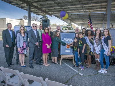 Escalon Unified leaders and ENGIE Services U.S. project team "flip the switch" to activate the District's integrated solar and energy efficiency program at a March 27, 2018 celebration event. Student speakers, featured on the right, spoke during the presentation to the power of promoting sustainability to the broader Escalon community through the new, District-wide initiative.