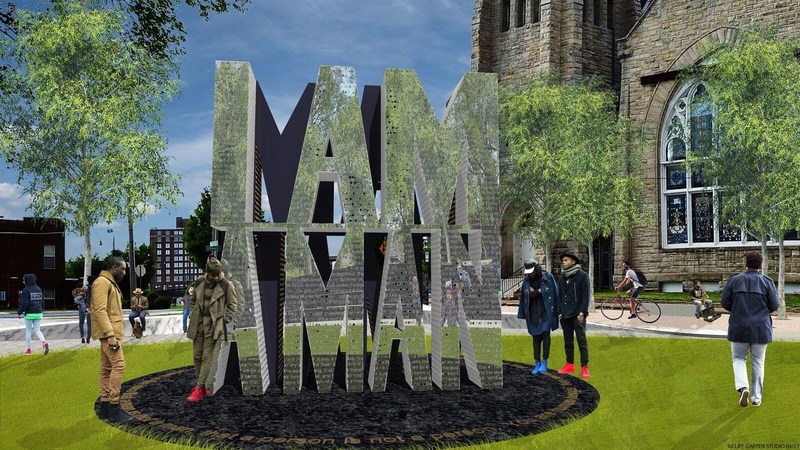 Cliff Garten Studio renderings of I AM A MAN Plaza, 2018. Bronze, Stainless Steel, Granite, and Marble. 54,000 square feet. Central "I Am a Man" sculpture 12' H x 11' W x 4' D. All images copyright Cliff Garten Studio.