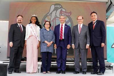 VIA President/CEO Jeffrey C. Arndt; Miss San Antonio 2018 Ashley Sneed; VIA Board Chair Hope Andrade; San Antonio Mayor Ron Nirenberg; Bexar County Judge and Former San Antonio Mayor Nelson Wolff; and Former San Antonio Mayor and HUD Secretary Henry G. Cisneros helped commemorate VIA Metropolitan Transit's 40th anniversary on April 4, 2018, at The Grand at VIA Villa in San Antonio, Texas.