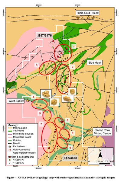 Figure 4: GSWA 100k gold geology map with surface geochemical anomalies and gold targets (CNW Group/Pacton Gold Inc.)