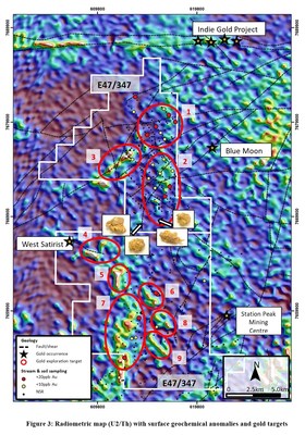 Figure 3: Radiometric map (U2/Th) with surface geochemical anomalies and gold targets (CNW Group/Pacton Gold Inc.)
