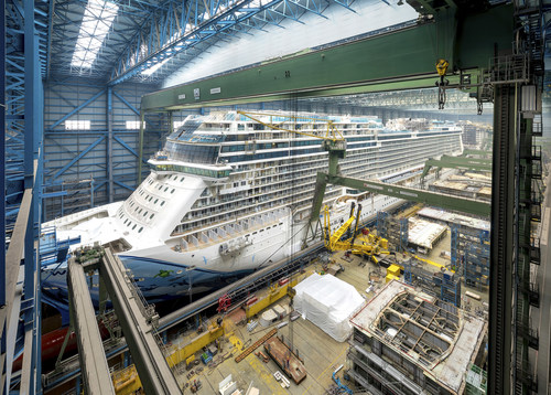 The new cruise ship Norwegian Bliss in the building dock of the MEYER shipyard in Papenburg, Germany (CNW Group/CGI Group Inc.)