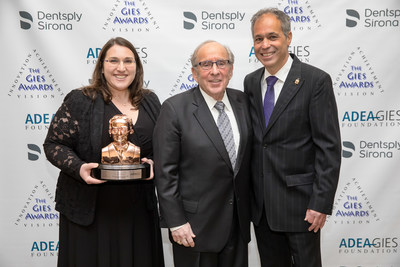 The Alpha Omega-Henry Schein Cares Holocaust Survivors Oral Health Program was recently honored with a William J. Gies Award for Vision, Innovation and Achievement. R. Bruce Donoff, D.M.D., M.D., Dean, Harvard School of Dental Medicine (center), presented the award to program co-founders, Allison Neale, Director, Public Policy, Henry Schein, Inc. (left), and Avi Wurman, D.D.S., AO Past International President and program Co-Chair (right).