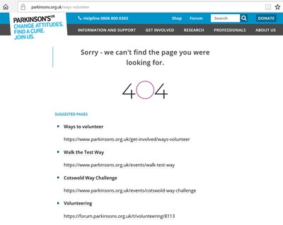 Parkinsons UK Intelligent 404 Example