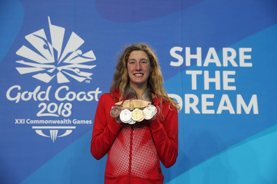 La nageuse canadienne Taylor Ruck a gal le record des Jeux du Commonwealth pour le plus grand nombre de mdailles gagnes  un Jeux du Commonwealth - avec ses 8 mdailles aux Jeux Gold Coast 2018,  Australie. (Groupe CNW/Association canadienne des Jeux du Commonwealth)