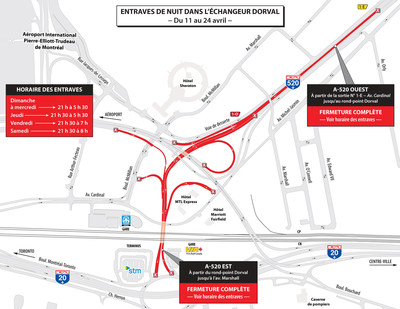 Réaménagement de l'échangeur Dorval - Fermetures de nuit d'un tronçon de l'autoroute 520