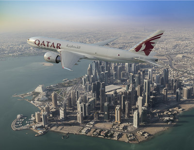 Boeing and Qatar Airways today signed a letter of intent to purchase five 777 Freighters, valued at $1.7 billion at list prices. This rendering shows the airplane in the carrier's livery. (Boeing illustration)