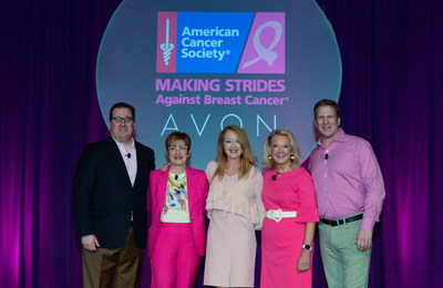 Leaders from Avon and the American Cancer Society announce Avon’s sponsorship of Making Strides Against Breast Cancer to Avon Representatives. Pictured (L to R): Howard Byck, VP, Corporate Alliances and Solutions, American Cancer Society, Susan Petre, VP Staff Events and Innovations, American Cancer Society, Sharon Byers, Chief Development and Marketing Officer, American Cancer Society, Betty Palm, President, Social Selling, New Avon LLC and Scott White, Chief Executive Officer, New Avon LLC.