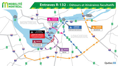 Entraves R-132 - Détours et itinéraires facultatifs (Groupe CNW/Ministère des Transports, de la Mobilité durable et de l'Électrification des transports)