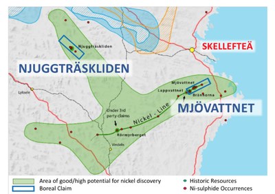 Figure 1 - Location of Njuggtrskliden and Mjvattnet (CNW Group/Boreal Metals)