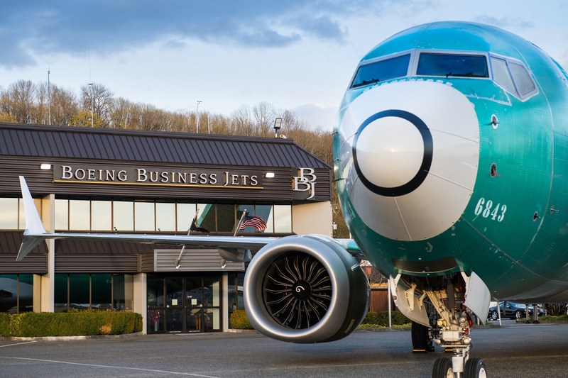 Boeing today celebrated the fly away of the first BBJ MAX airplane, which extends the range, performance and cabin comforts of the world’s most popular business jetliner. The airplane is seen here outside of the BBJ headquarters in Seattle. (Craig Larsen photo)