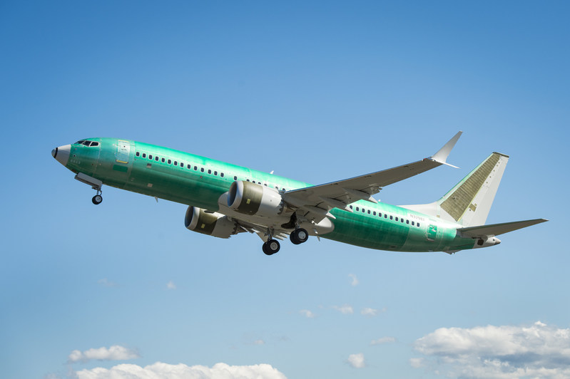 Boeing today celebrated the fly away of the first BBJ MAX airplane, which extends the range, performance and cabin comforts of the world’s most popular business jetliner. The airplane is seen here flying over Seattle. (Marian Lockhart photo)