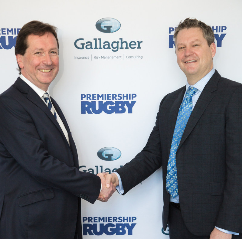 Premiership Rugby’s CEO Mark McCafferty (L) and global insurance broker Gallagher’s CMO Chris Mead (R) seal multi-year deal for Gallagher to become Premiership Rugby’s Title Sponsor for season 2018-2019. Partnership begins July 1, and the competition will be known as “Gallagher Premiership Rugby" when it kicks off on August 31, 2018.