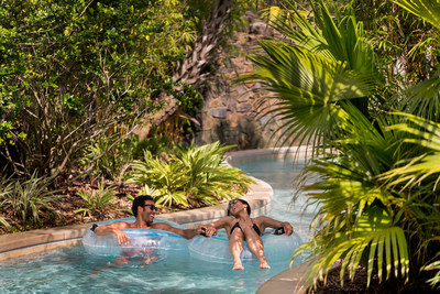Relax in the winding lazy river, pictured.