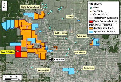 Figure 2: Map of the Ariquemes District, showing the Bom Futuro Joint Venture Area with CooperSanta, and Meridian's applications and approved license. (CNW Group/Meridian Mining S.E.)
