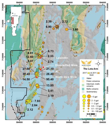 Figure 4.  Leta Arm Location Map and Select Notable Surface Sampling Results (CNW Group/Nighthawk Gold Corp.)