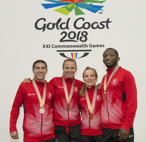 4 medals for wrestling today at the 2018 Commonwealth Games: gold for Erica Wiebe and Diana Weicker, silver for Steven Takahashi and Jevon Balfour. (CNW Group/Commonwealth Games Association of Canada)
