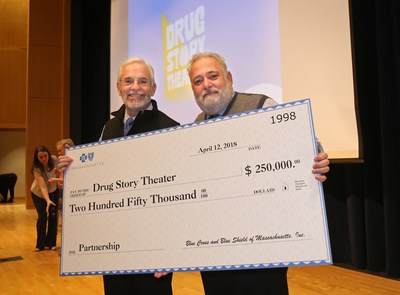 Andrew Dreyfus, president and CEO of Blue Cross Blue Shield of Massachusetts, presents Dr. Joseph Shrand with a $250,000 check to support the expansion of Drug Story Theater to more than 60 school districts (PRNewsfoto/Blue Cross Blue Shield MA)