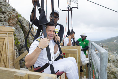 Carnival Sunshine hotel director, Freddy Esquivel gears up to ride the Flying Dutchman attraction at the new Rockland Estate eco-park attraction in St. Maarten. The Flying Dutchman is the world’s steepest zipline.