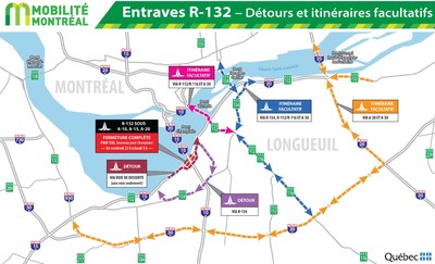 Entraves R-132 - Détours et itinéraires facultatifs (Groupe CNW/Ministère des Transports, de la Mobilité durable et de l'Électrification des transports)