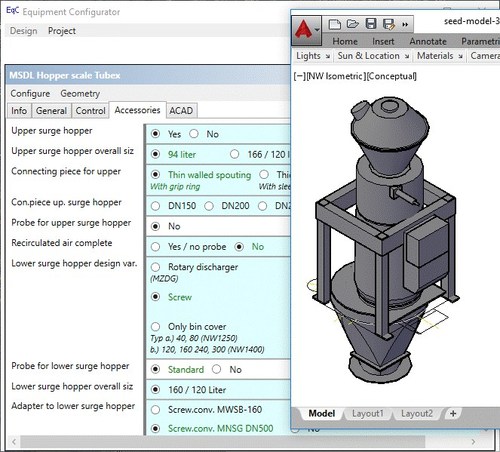 Equipment Configurator's user interface and dynamic equipment view in AutoCAD