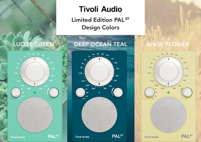 Tivoli Audio Limited Edition PAL BT Colors in Lucite Green, Deep Ocean Teal, and Anise Flower.