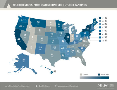 U.S. Map showing state economic outlook rankings. Rich States Poor States develops this annual economic outlook based on 15 equally weighted policy variables. Find out more at www.RichStatesPoorStates.org