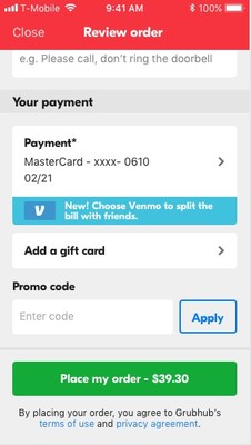 Grubhub now offering Venmo payment to its diners