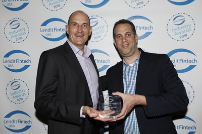 Tom McCabe, DBS Bank Global Business Executive & Country, and Dror Oren, Kasisto Chief Product Officer & Co-Founder, accepting the LendIt Fintech Industry Award for Most Successful Cross-Border Partnership