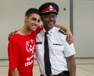 Toronto Police Service and Special Olympics Ontario have announced Toronto will act as the host city for the first-ever Invitational Youth Games (IYG), May 14-17, 2019. Toronto Police Chief Mark Saunders was also announced as the Honorary Chair, seen here with SOO athlete, Alex Suprai, Maplewood High School, Ontario. (CNW Group/Special Olympics Ontario)