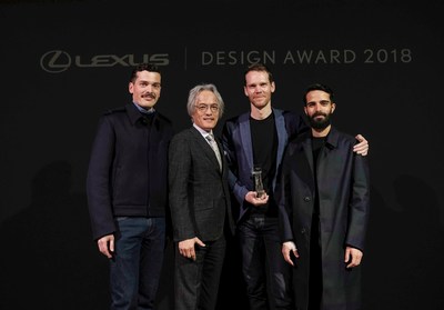 Lexus Design Award 2018. From left: Simone Farresin of Formafantasma (Mentor), Yoshihiro Sawa (President, Lexus International), Elliott P. Montgomery of Extrapolation Factory (Grand Prix Winner), Andrea Trimarchi of Formafantasma (Mentor)