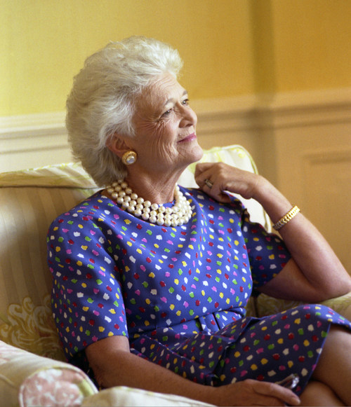 Official portrait of Barbara Pierce Bush, taken in the residence of the White House, 1989. Photo Credit: George Bush Presidential Library and Museum