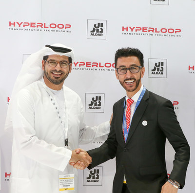 Bibop Gresta, Chairman, HyperloopTT and Talal Al Dhiyebi, CEO, Aldar sign historic agreement