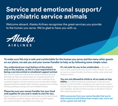 As part of the new policy, starting May 1 all emotional support animals traveling on Alaska Airlines will receive a boarding pass with tips and guidelines for making their flight a success.