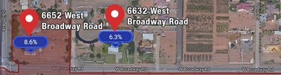Image C: The address on the right (6632 West Broadway Road) is outside the city limits and has a lower sales tax rate.   TTR's Rooftop Rates does not use ZIP+4, so it does not make this mistake. Instead, it relies on proprietary custom-drawn maps.  With TTR's Rooftops Rates, the sales tax rate would appear as follows.