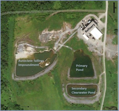 Image 1. Aerial image of the facility illustrating the existing footprint of the refinery building and the tailing ponds. (CNW Group/First Cobalt Corp.)