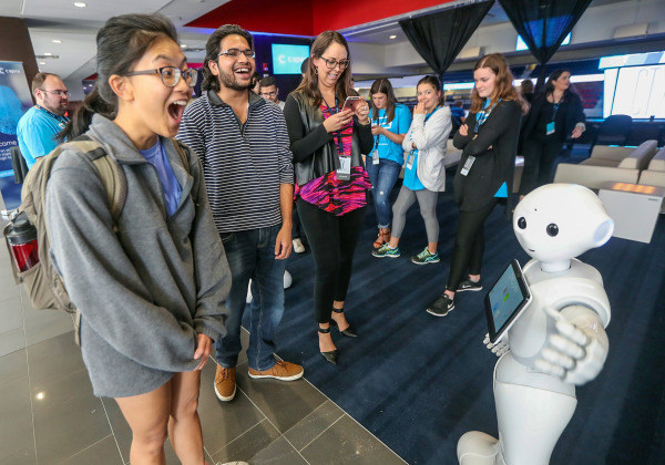 Students react to Pepper, one of C Spire’s humanoid robots, during the company’s 2017 technology showcase on the Ole Miss campus in Oxford, Miss. The day-long 2018 MVMT conference is set for May 8 at the Jackson, Miss. Convention Complex and will feature the latest trends and innovations in technology.