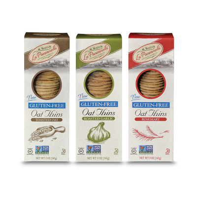 La Panzanella launches Gluten-Free Oat Thins crackers. New gourmet crackers come in three popular flavors including Toasted Oat, Rosemary and Roasted Garlic.