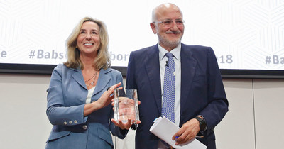 Entrepreneur and family business leader Juan Roig has been honored by Babson College with induction into the Academy of Distinguished Entrepreneurs® (ADE) as part of Babson Connect: Worldwide in Spain. Roig was awarded at a private ceremony on Thursday, April 19, 2018, in EDEM Business School, Valencia, the institution that also simultaneously hosted The 2018 Babson Collaborative Summit. Babson President Kerry Healey, left, presented the honor.