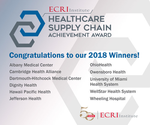 ECRI Institute is proud to announce the 2018 winners of its seventh annual Healthcare Supply Chain Achievement Award. The prestigious award honors healthcare organizations that demonstrate excellence in overall spend management and in adopting best practice solutions in their supply chain processes.