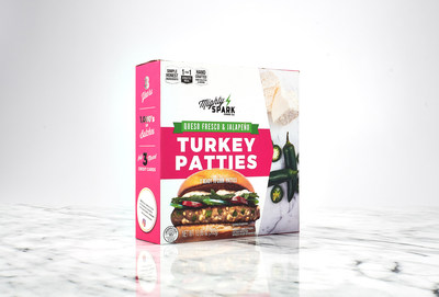 Mighty Spark Food Co.'s Queso Fresco & Jalapeño Turkey Patties. Premium turkey blended with huge chunks of queso fresco and fresh jalapeños for just the right amount of heat.