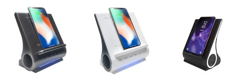 Each universal DockAll Wireless Charger features a dual-channel 4.0 Bluetooth Hi-Fi speaker system, a built-in Qi wireless charging with a powerful 10-watt coil, a MicroSD slot for cards up to 64GB, and more.