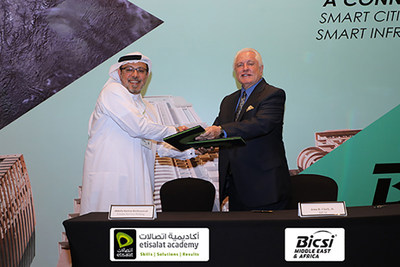 “Shown completing the signing of the Etisalat Academy – BICSI ADTP agreement is Abdulla Hashim Banihammad, CEO, Etisalat Services Holding, and John D. Clark, Jr. Executive Director and CEO, BICSI.”