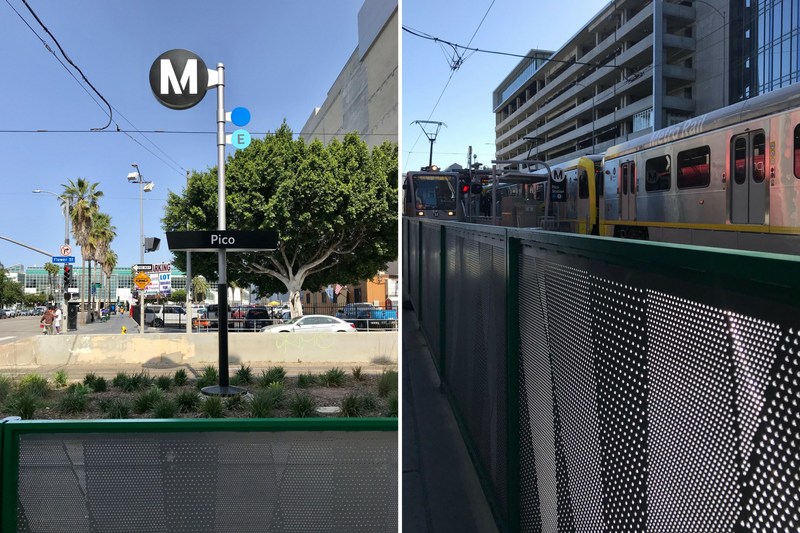 New sign, landscaping, and fencing at Pico Metro Station in South Park, Los Angeles.