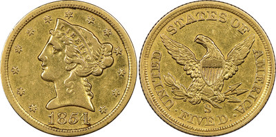 Mistakenly believed by its anonymous New England owner to be a fake, this historic gold coin now has been authenticated as “the discovery of a lifetime” by Numismatic Guaranty Corporation (www.NGCcoin.com) in Sarasota, Florida as only the fourth known surviving example of a $5 denomination coin struck at the San Francisco Mint during the California Gold Rush in 1854.  It is worth millions of dollars, according to NGC. Photos courtesy of Numismatic Guaranty Corporation www.NGCcoin.com.